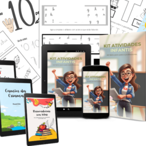 Imagem mostrando diversos materiais educativos do Kit Atividades Infantis da Brinc Edu. Inclui folhas de exercícios de alfabetização, atividades para aprender inglês, canções clássicas e sugestões de brincadeiras offline. Os materiais são acessíveis em dispositivos como tablets e smartphones, e também disponíveis em formato impresso, tornando-os ideais para pais e professores que buscam enriquecer o aprendizado das crianças de forma divertida e educativa.
