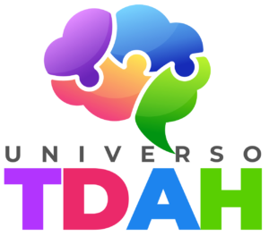 Logo do "Universo TDAH" com um cérebro composto por peças de quebra-cabeça coloridas e as letras "TDAH" em destaque